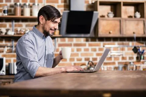 Positive distance worker using laptop at home Stock Photos