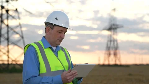 Positive engineer controls process with tablet at power transmission substation Stock Footage 248880469