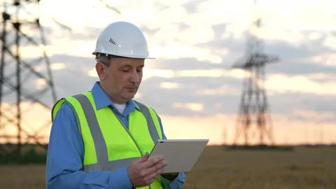 Positive engineer controls process with tablet at power transmission substation Stock Photos
