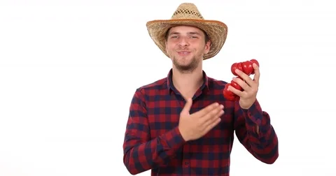 Positive Farmer Man Talk Presentation a Fresh Red Peppers Vitamin Organic Garden Stock Footage 77046387