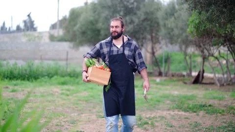 Positive farmer walking with box of vegetables in countryside 스톡 동영상 171432019