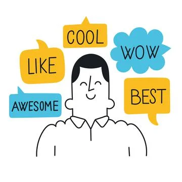 Positive feedback. Man surrounded by speech bubbles with positive feedback. O Stock Illustration