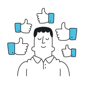 Positive feedback. Man surrounded by thumb up signs. Outline, linear, thin li Stock Illustration