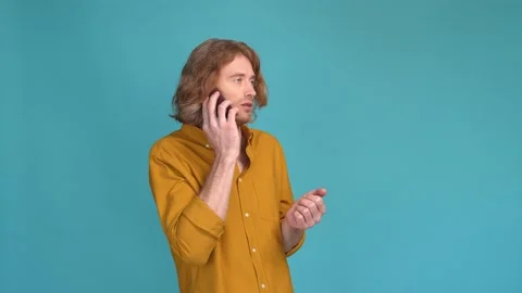 Positive guy call modern technology isolated shine color background Stock Footage 168740653