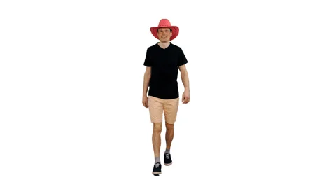 Positive guy walking in black t-shirt and pink cowboy hat, alpha channel Stock-Footage 90051181