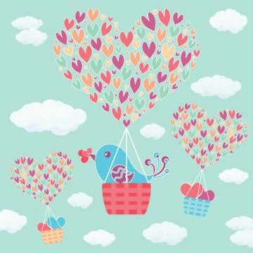 Positive hand drawn vector text Love is in the air decorated hot air balloon Stock Illustration