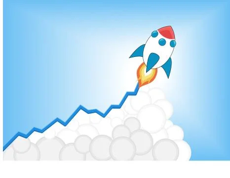 Positive increasing growth chart with launching cartoon rocket as infographic Stock Illustration