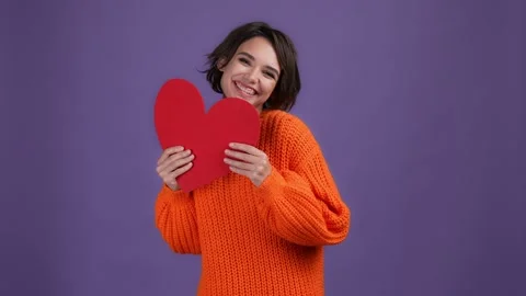 Positive lady get postcard cuddle isolated dark vibrant color background Stock Footage 169361067