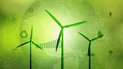 Positive loop green environment icons with wind turbines animation Stock Footage 333710140