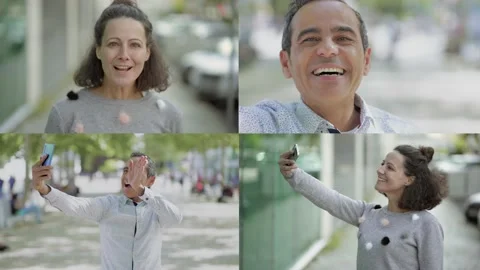 Positive mobile phone users walking and speaking at camera Video stock 130949057