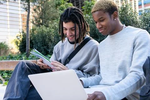 Positive multiethnic students working on homework in park Stock Photos