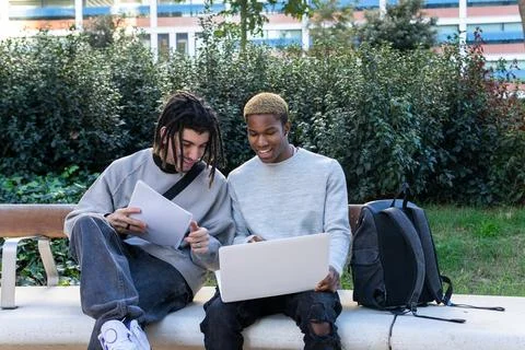 Positive multiethnic students working on homework in park Stock Photos