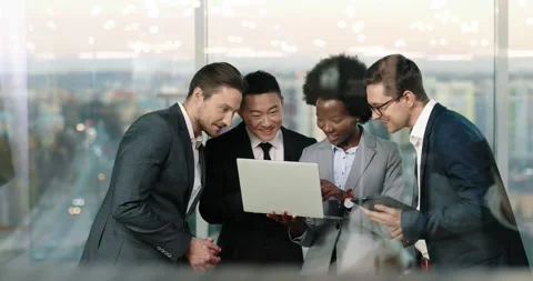 Positive multiethnic workers happy about successful completed business project Stock Footage 244245791