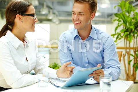 Positive office workers choosing the best business solution Stock Photos
