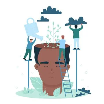 Positive optimistic mindset, tiny people protect environment inside abstract Illustrazione stock