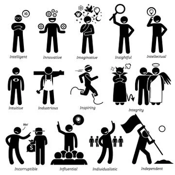 Positive Personalities Character Traits. Stick Figures Man Icons. Starting with  Stock Illustration