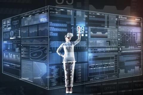 Positive programmer feeling confident while working with a large screen 스톡 사진