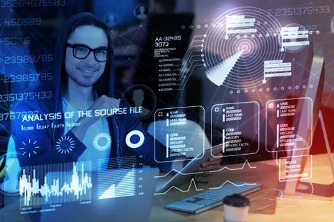 Positive programmer providing security at night Stock Photos