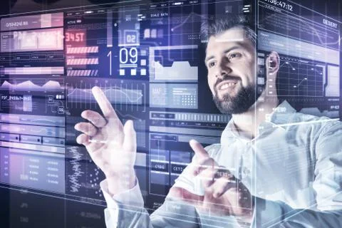 Positive programmer smiling while solving a technical problem Foto stock