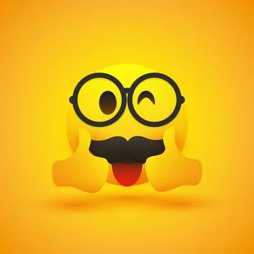 Positive, Satisfied, Happy Winking Nerd Male Emoji with Rounded Glasses, Mu.. Illustrazione stock