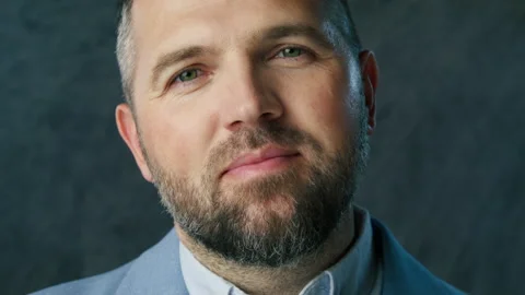 Positive smiling bearded man looking straight to camera and shaking head NO Stock Footage 267056950