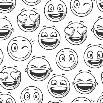 Positive smiling faces background, emoticons sketch line vector seamless pattern Stockillustratie