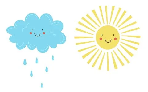 Positive sun and cloud vector illustration in flat style. Sticker sun and clo Stock Illustration