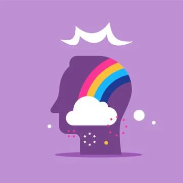 Positive thinking, cloud and rainbow in head, good attitude, optimist mindset Illustrazione stock