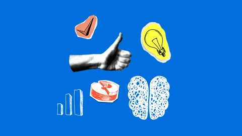 Positive thinking. Halftone hand with thumb up. Brain, light bulb Stock Footage 331425901