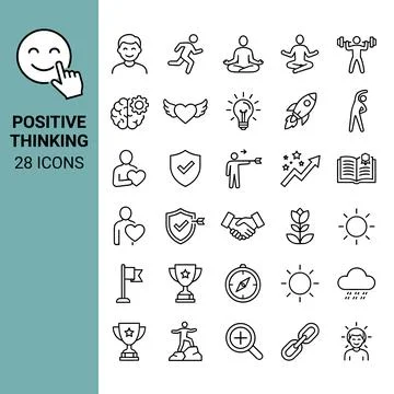Positive thinking icons set with smiling face and hand pointing, representi.. Stock Illustration