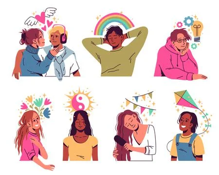 Positive thinking. Romantic abstract thoughts, happy guys and girls dream Stock Illustration