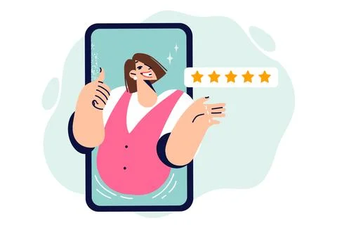Positive user experience from using mobile app on phone, with woman showing Illustrazione stock