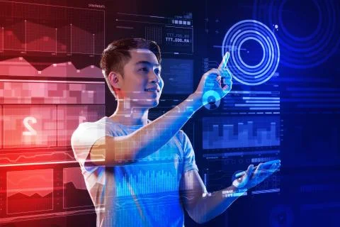 Positive web developer smiling and touching the screen Stock Photos