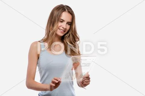 Positive woamn using tablet Stock Photos