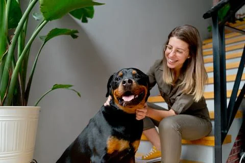 Positive woman stroking Rottweiler dog on stairs Stock Photos
