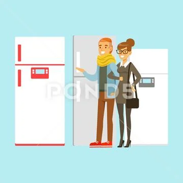 Positive young family couple choosing fridge. Appliance store colorful vector Stock Illustration
