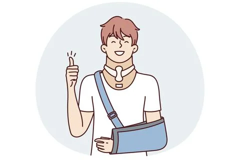 Positive young guy with broken arm shows thumb up as sign of gratitude to Stock Illustration