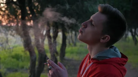 Positive young man dancing with cigarette and have fun in the beautiful park on Stock Footage 106731708