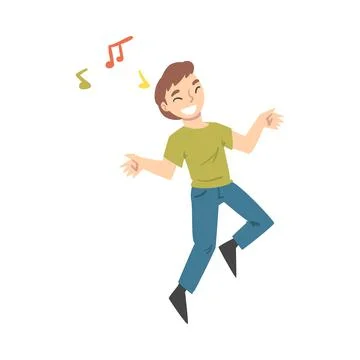 Positive Young Man Dancing Moving Hands and Legs to Music Rythm Vector Stock Illustration