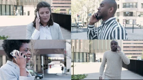 Positive young multiracial men and women talking on cellphone Stock-Footage 128246306