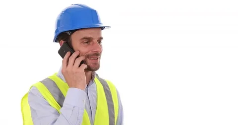 Positive Young Worker Man Reporting Team Communication Mobilephone Discussion Video stock 69712140