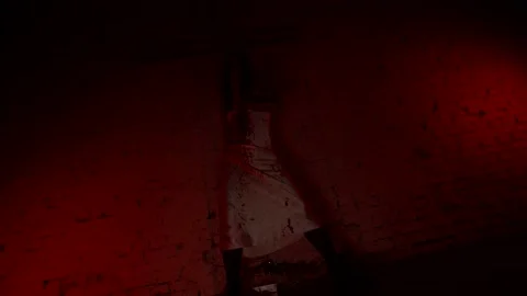 Possessed by devil woman dressed blooded gown is moving against flickering neon Stock Footage 153603549
