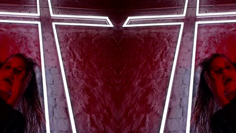 Possession by devil or demon, mad woman with crazy black eyes on church, double Stock Footage 207344275