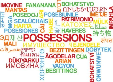 Possessions multilanguage wordcloud background concept Stock Illustration