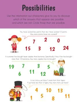 Possibilities Educational Sheet. Primary module for Logic Reasoning. 5-6 year Illustrazione stock