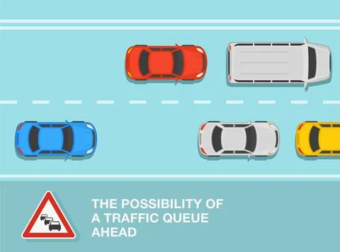The possibility of a traffic queue ahead. Top view of a traffic flow on highway. Stock Illustration