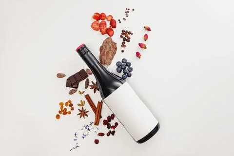 Possible flavor components of red wine. Creative composition Stock Photos