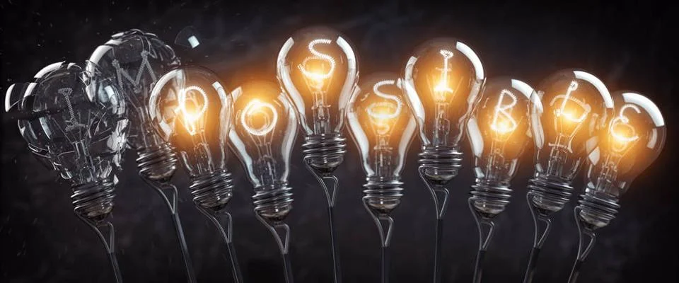 Possible impossible concept. Light bulbs in row with glowing text possible... Stock Photos