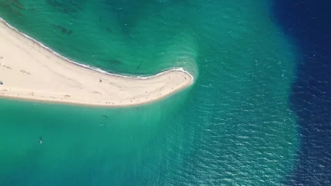 Possidi Sandbar Top-Down Rising Orbit Drone Shot, Kassandra, Greece Stock Footage 329468360