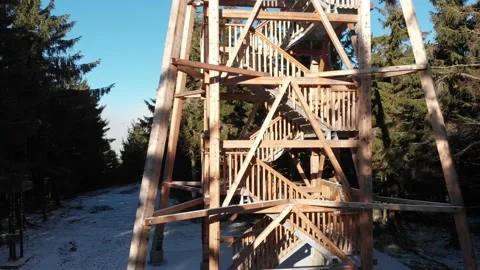 Post and beam observation tower on Radziejowa summit in Beskids Mountains Stock Footage 143989599